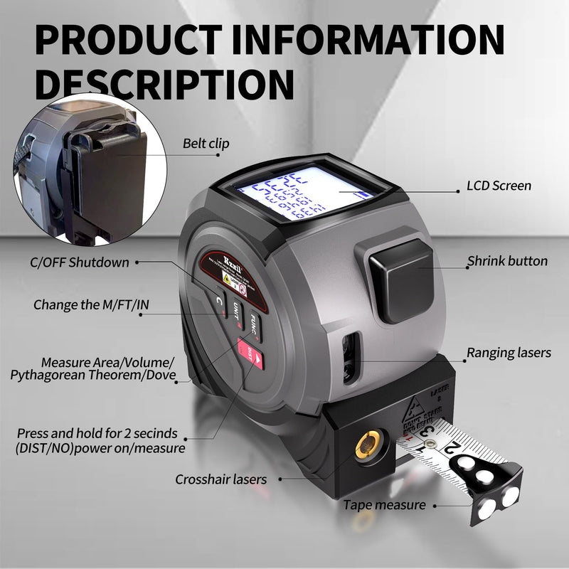 Laser Tape Measure 3 in 1 Laser Rangefinder Tape Measure Grey