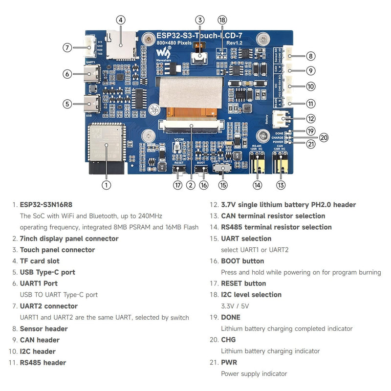Waveshare ESP32-S3 7 Inch Touchscreen Development Board, ESP32 with Display | 32-Bit LX7 Dual-Core Processor, 800x480, Up To 240MHz Frequency, Supports WiFi & BT, With Onboard Antenna
