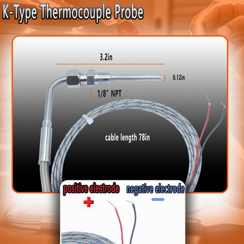 [Australia - AusPower] - 2 Packs K-Type thermocouple Probe for Measuring Automotive Exhaust Temperature Thread 1/8 Cable 79in 