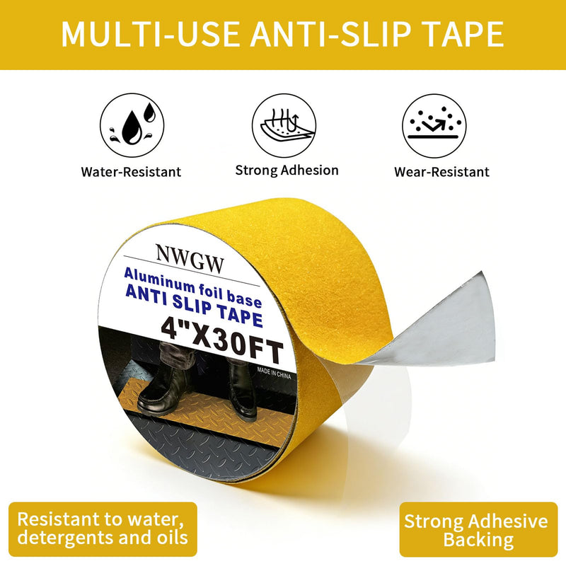 Heavy Duty Aluminum Foil Anti-Slip Tape 4" x30FT Yellow - Industrial Safety Grip for Warehouse Stairs, Pool Decks & High-Traffic Walkways - Waterproof Traction Tape 4 IN