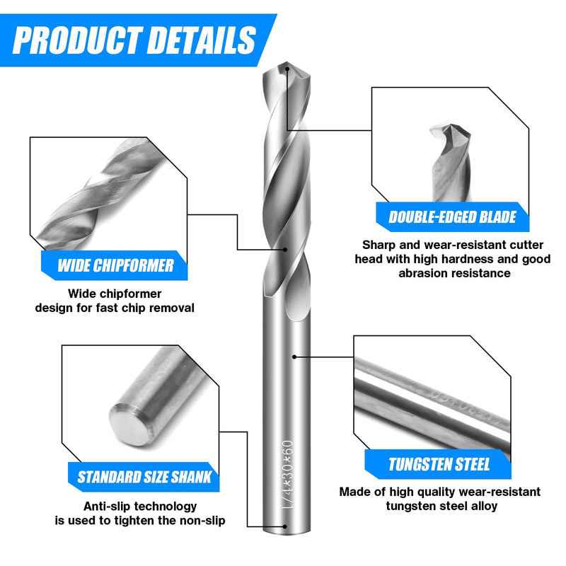3/16" Drill Bits Solid Carbide Drill Bits, Tungsten Carbide Drill Bit Set, Metal Drill Bit Set for Stainless Steel Hardened Steel Cast Iron Alloy Copper, 2 Pcs 3/16 in
