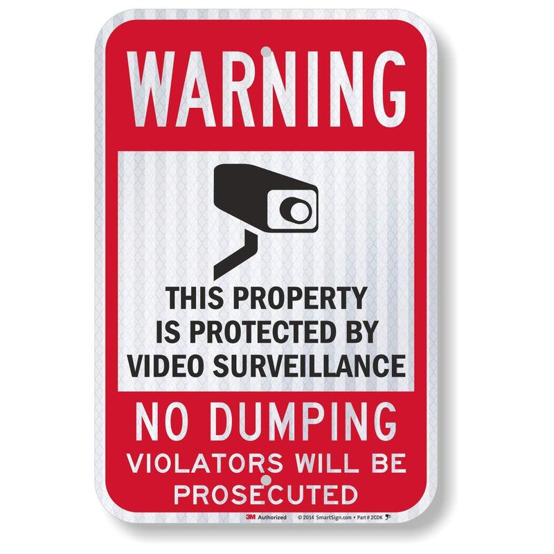SmartSign-K-7484-HI Warning - Property Protected By Video Surveillance, No Dumping Sign By | 12" x 18" 3M High Intensity Grade Reflective Aluminum , Black/Red on White 3M Reflective Aluminum 10 Year Durability 18" x 12"