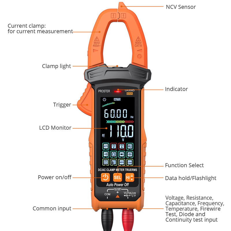 Proster Digital Clamp Meter - 600A DC AC Current 600V AC DC Voltage NCV Continuity Capacitance Resistance Frequency Diode Hz Test