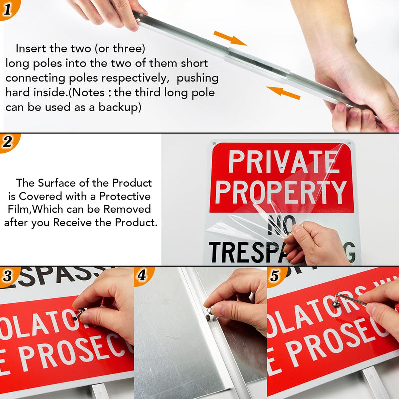 T&R Large Private Property No Trespassing Sign with 54" Stake for Outside - 2 Pack - 14"x10" .040 Rust Free Aluminum, Reflective, Waterproof, Weatherproof and Fade Resistant, 6 pre-drilled holes,Includes Matching Screws & Wrench, Easy to Mount
