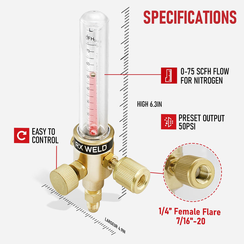 [Australia - AusPower] - RX WELD Nitrogen Flow Indicator 1/4" SAE Flare Inlet and Outlet 50PSI 