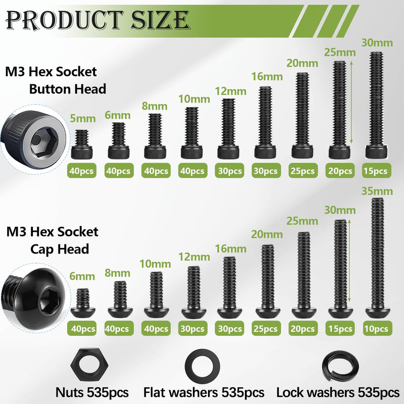 [Australia - AusPower] - mxuteuk 540PCS M2 M3 Metric Screws Assortment Set Suitable for 3D Printer DIY,Hex Socket Head Cap Screws Bolts Nuts Kit+2135PCS M3 Screws kit,M3x4mm-35mm Metric Screws Bolts Washers Nuts Kit 