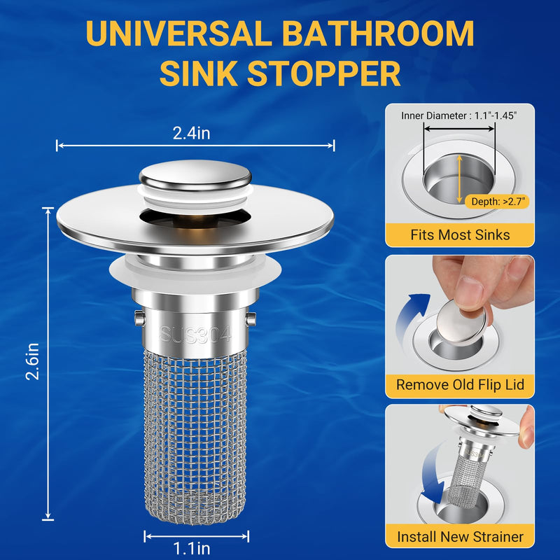 Bathroom Sink Drain Strainer, Pop-Up Bathroom Sink Stopper with Removable Stainless Steel Hair Catcher Basket, Universal Fit for US Bathroom Sinks, Showers & Floor Drains (4pcs) 4pcs