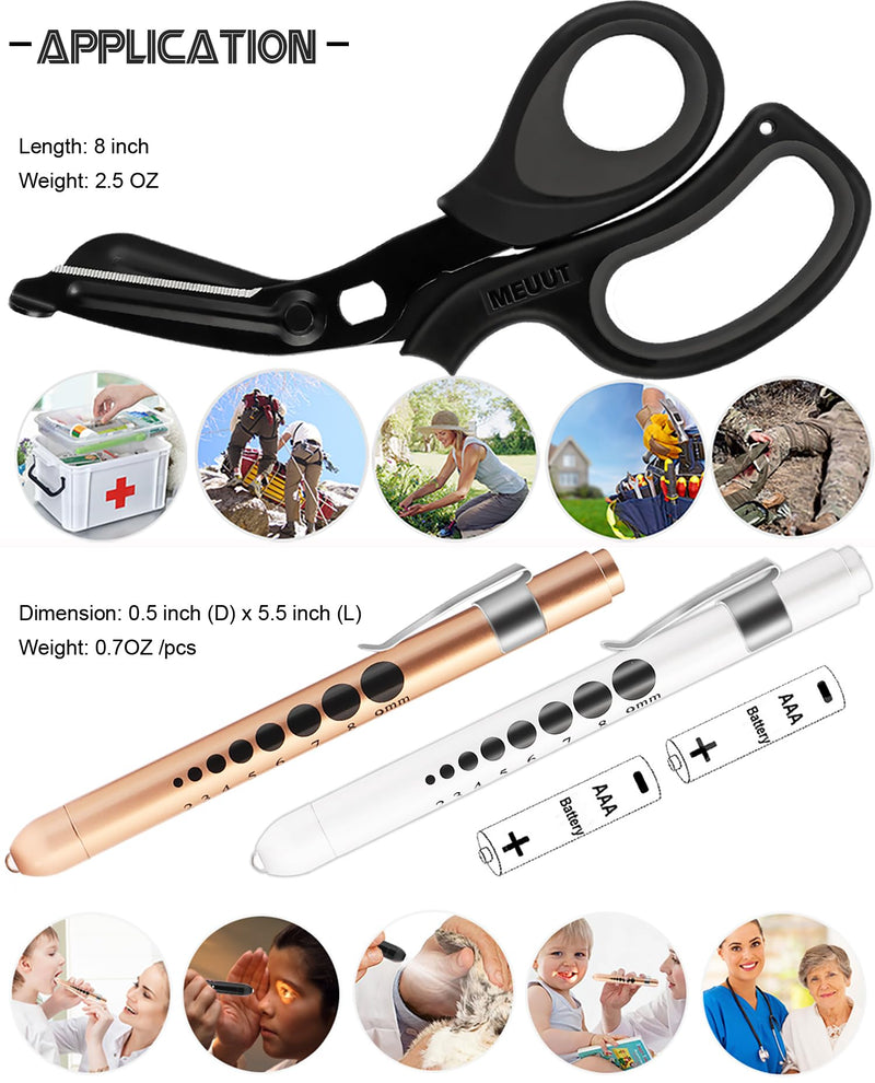 [Australia - AusPower] - MEUUT 3 Pack Medical Scissors and Penlights for Nurses Medical Supplies with Two Medical Pen lights Four Batteries, One 8 inches Ergonomical Bandage Scissors Trauma Shears for First Aid EMT Black Scissor+gold&white Penlight 