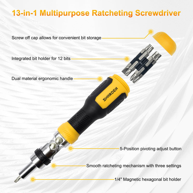 SHARDEN Ratcheting Screwdriver Multi Bit Screw Driver 13-in-1 Tool Ratchet Screwdriver Set Flat Head/Square/Torx/Hex/Phillips Screwdriver, 180 Degree Pivoting Adjustable Angle Magnetic Screwdriver Yellow