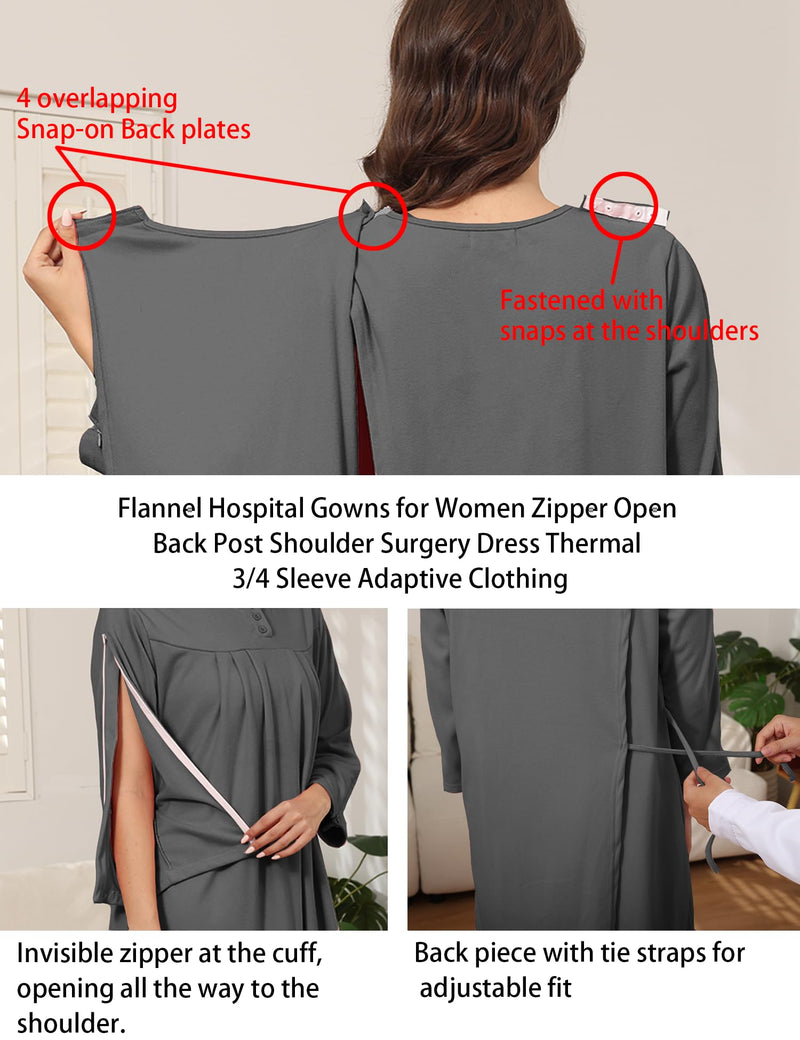 [Australia - AusPower] - Flannel Hospital Gowns for Women Zipper Open Back Post Shoulder Surgery Dress Thermal 3/4 Sleeve Adaptive Clothing Grey XX-Large 