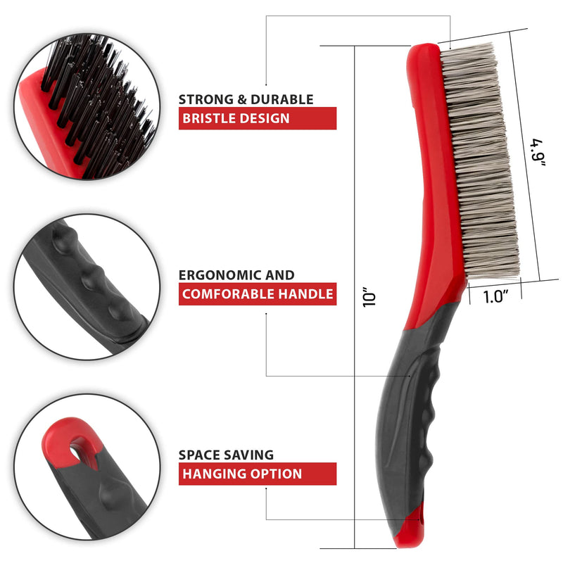 [Australia - AusPower] - Wire Brush Set-Heavy Duty Stainless & Carbon Steel Bristles with Plastic Handle Grip for Rust, Wielding Slag, Dirt & Paint Scrubbing with Deep Cleaning – 10 Inches, Large (Pack of 2-Red) Red 