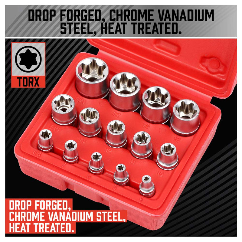 [Australia - AusPower] - SEDY 14-Piece E-TORX Socket Set - Premium Female Torx Socket Set, Ultimate Star Socket Set, Torque Socket Set, External Torx Socket Set, E4 E5 E6 E7 E8 E10 E11 E12 E14 E16 E18 E20 E22 E24 Socket Set 