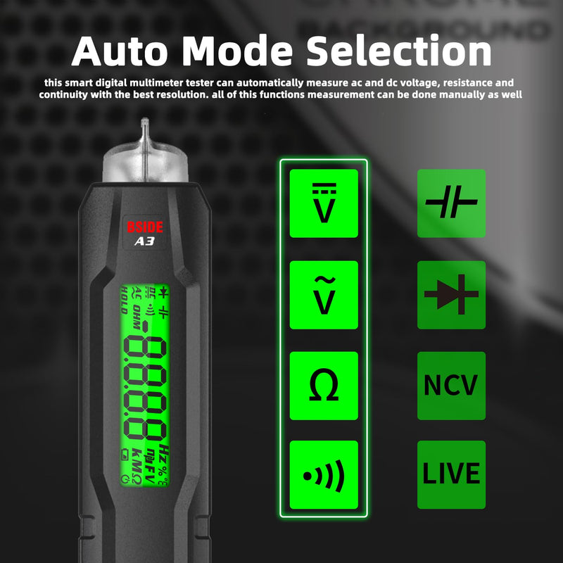[Australia - AusPower] - BSIDE Voltage Tester Non Contact Voltage Detector Electrical Circuit Tester Pen, with Test Leads for Capacitance Diode Continuity Resistance Voltage Tester A3 