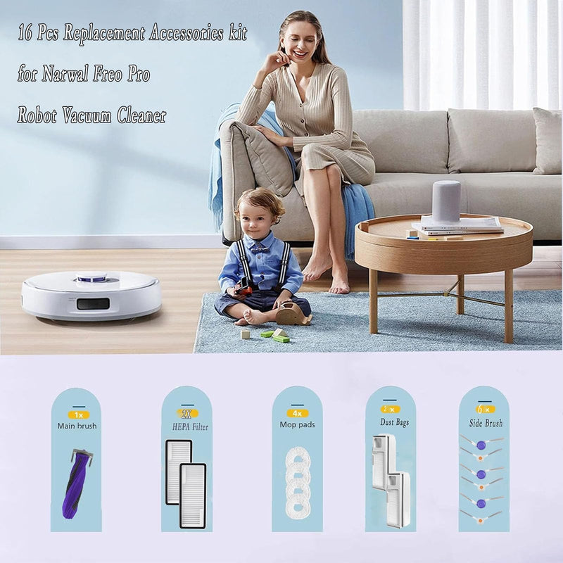 [Australia - AusPower] - Replacement Parts for Narwal Freo Pro Robot Vacuum Cleaner 16 Pcs Accessories 1 Main Roller Brush 2 Dust Bags 2 Filters 4 Mop Pads 6 Side Brush 1 Clean Tool 