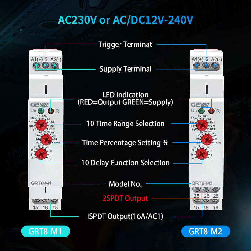 [Australia - AusPower] - Multifunction Time Relay, IGEYAPA 16A Delay ON Off GRT8 M1 AC DC 12-240V with 10 Relay Timer Control Delay Function Mode DIN Rail Electronic Relays of Wide Time Delay Range for 0.1 Seconds to 10 Days GRT8-M1 AC/DC 12V-240V 