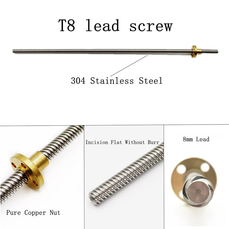 [Australia - AusPower] - 2pcs 500mm Tr8X8 Lead Screw with T8 Brass Nut for 3D Printer Machine Z Axis(Acme Thread, 2mm Pitch, 4 Start, 8mm Lead) 
