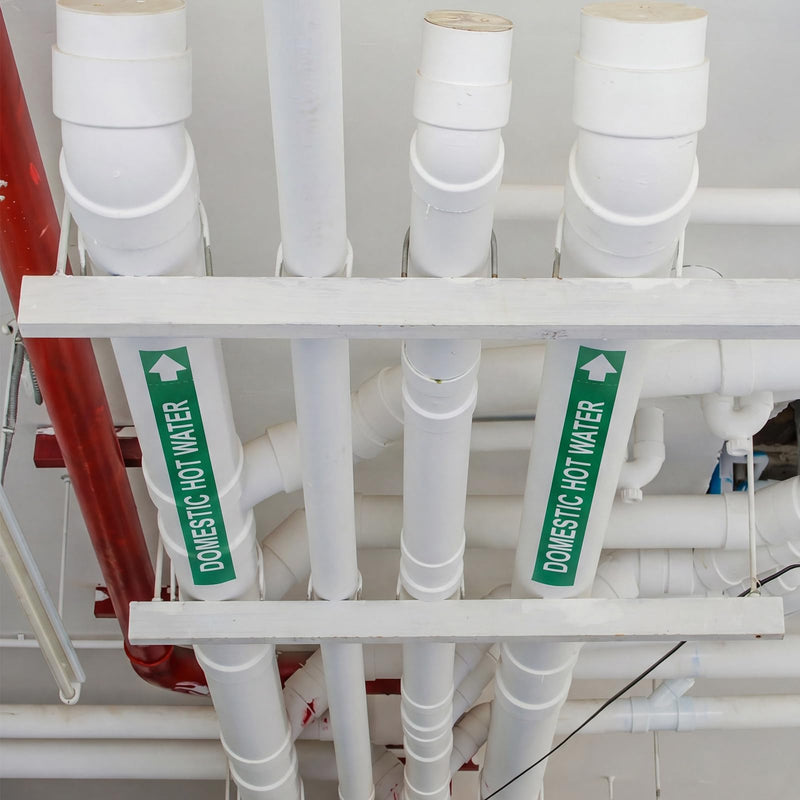 1 Roll Domestic Hot Water Label - 1" Height x 8" Width Pipe Markers, Self-Sticking - Plastic Film (Green) Green