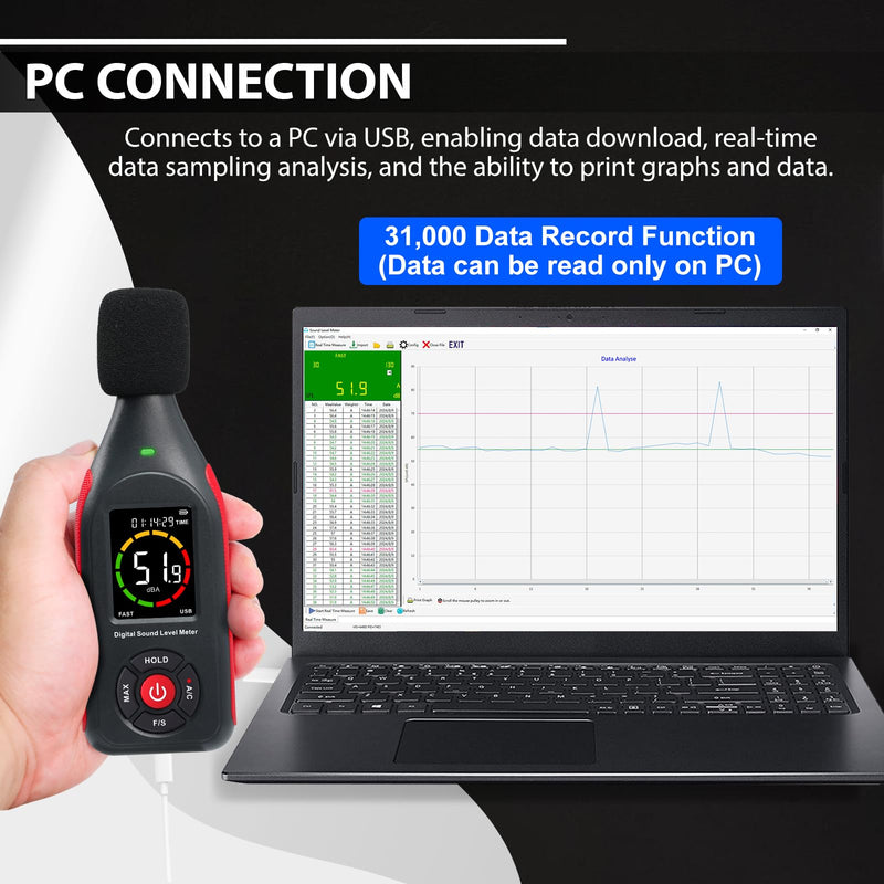 [Australia - AusPower] - Decibel Meter, Data Logger, Portable Sound Decibel Meter, Sound Level Meter with 31,000 Data Recording and Export, Rechargeable Noise Meter with A/C Frequency, DC Output, 3 