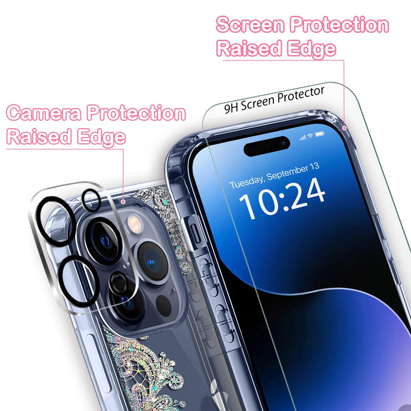 [Australia - AusPower] - Coolwee Anti Yellowing Clear Glitter for Apple iPhone 15 Pro Max Case Floral, 6.7 inch, 6.6ft Military Grade Protective Cute Mandala Crystal Bling Lace Slim TPU with Camera & Screen Protector Clear Glitter Lace 