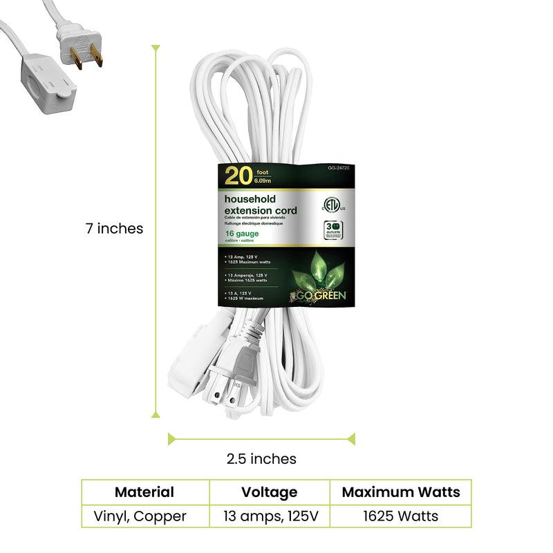 [Australia - AusPower] - Go Green Power Inc. 20ft Household Extension Cord, White, 3 Outlets, 16/2, Indoor Use Only - Safe, Reliable, and Child-Safe Covers - Ideal for Everyday Electronics 20 ft 