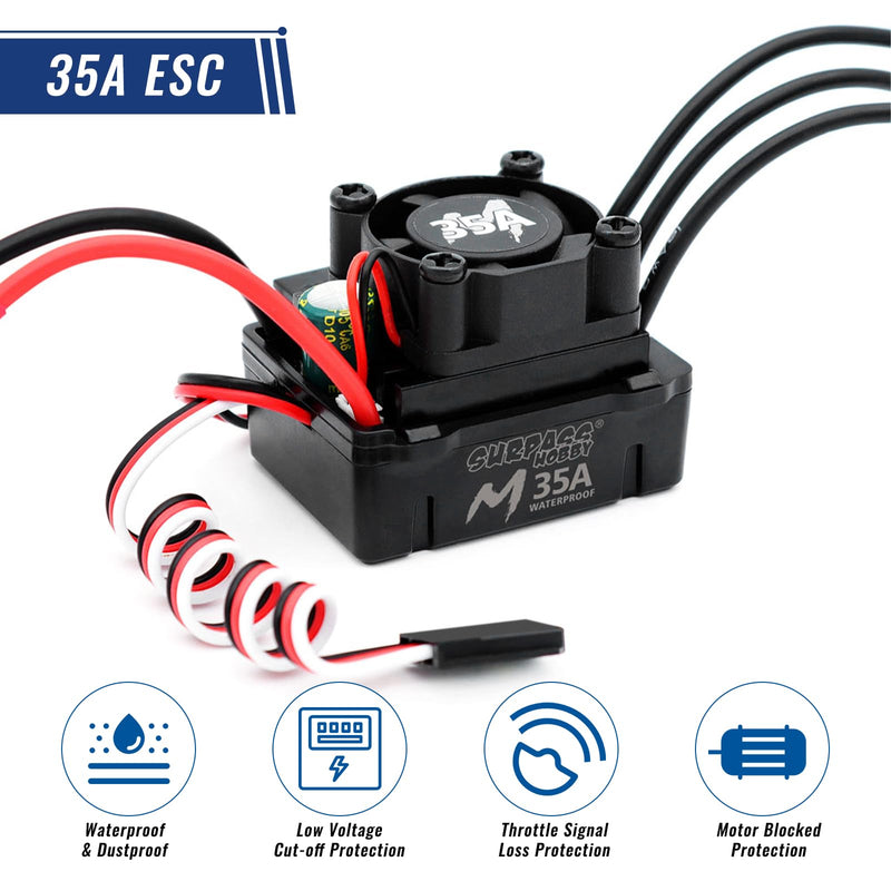 2435 Brushless Motor with 35A Waterproof ESC Combo Sensorless Motor and Electric Speed Controller for 1/14 1/16 1/18 RC Car Trucks (Black) (4800KV)