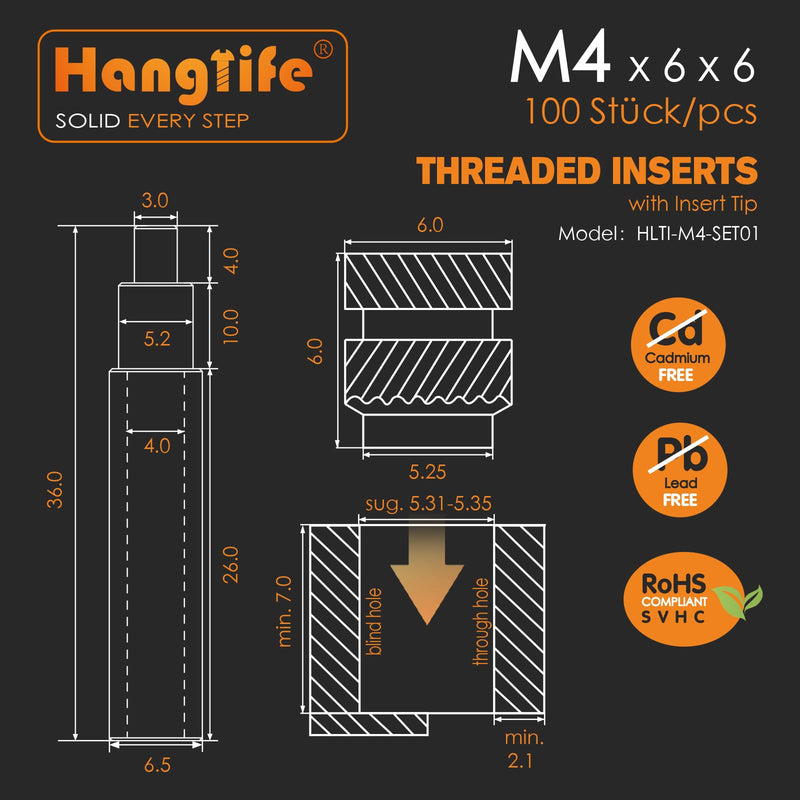 [Australia - AusPower] - M4 Heat-Set Threaded Inserts with Insert Tip, Heat Set Insert for 3D Printing Components and Plastic Parts with Soldering Iron Press Tool - Brass Metric Knurled Nuts (100 Pieces) M4 x D6 x L6(100pcs) 