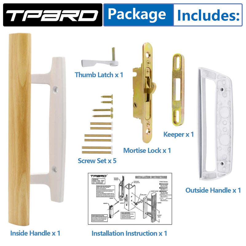 Patio Sliding Glass Door Handle with Mortise Lock 45° Keyway, Non-keyed Oak Wood Inside Handles and Zinc Diecast Outside Pull, 3-15/16" H.C., Non-Handed, White White Handles + Mortise Lock