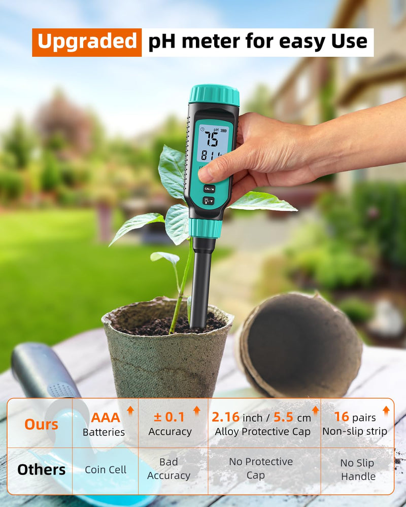 Tadeto Soil pH Tester, High Accuracy Digital pH Meter for Soil, Garden, Water, Plants, Solution and Food, Soil pH Test Kit with Thermometer LCD Display, Calibration Powder and Alloy Protective Cap Blue