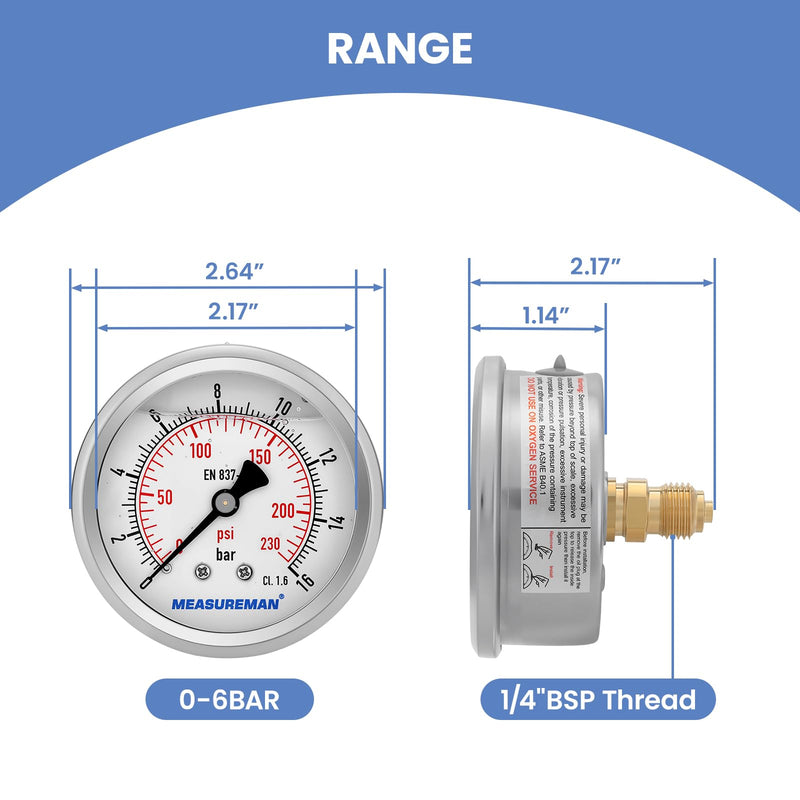 Pressure Gauge, Glycerine Filled Pressure Gauge, 63 mm Dial, 0-16bar, 304 Stainless Steel Case, G1/4 Rear Connection
