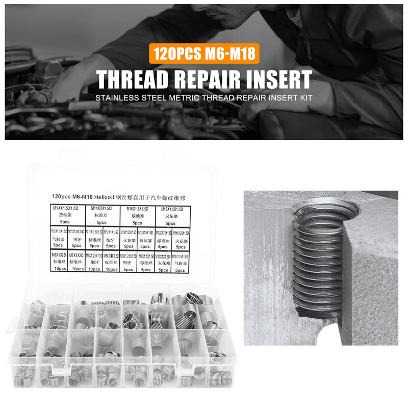 [Australia - AusPower] - EVTSCAN 120 Pcs Stainless Steel Helical Threaded Inserts Kit, with M3 M4 M5 M6 M8 M10 M12 M14 M16 M18 Metric Wire Thread Inserts, Free Running Coil, for Repairing Damaged or Worn Out Threads 