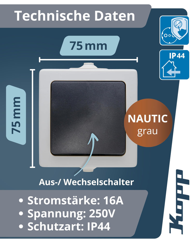 Kopp Nautic Universal Switch Of / Toggle Switch Surface-Mounted, Wet room, Nautic, 565656001 gray off-toggle switch