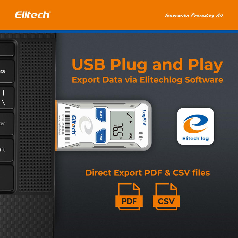 [Australia - AusPower] - Elitech LogEt5TH USB Temperature and Humidity Data Logger, -30°C to 70°C, 32000 Memory Points, Auto PDF/CSV Reports, Compatible with Windows & MacOS, Reusable for Food Cold Chain Temperature -30 ~ 70 °C and humidity 