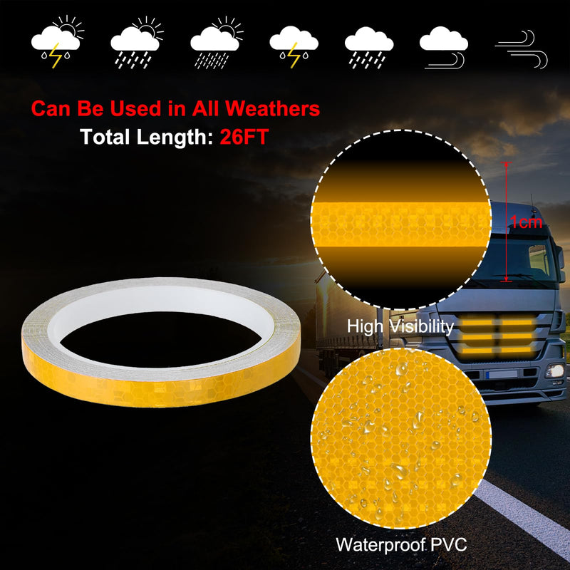 MECCANIXITY Reflective Tape, 0.4 Inch x 26 ft Self-Adhesive Trailer Reflector Tape Waterproof Warning Safety Sticker High Visibility Night Reflectors, Yellow
