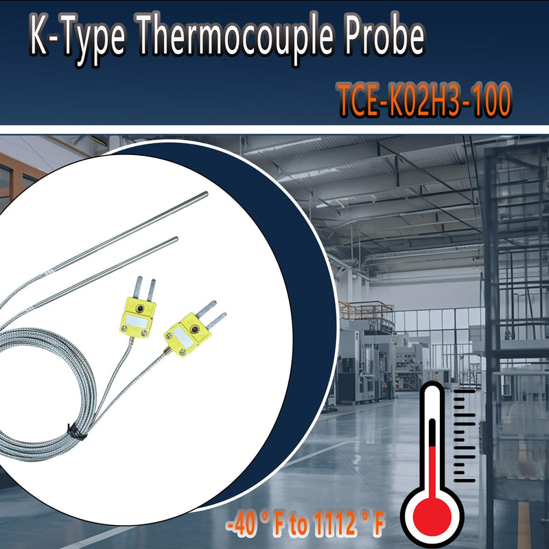 [Australia - AusPower] - 2-Pack TCE-K02H3-100 Furnace K-Type thermocouple Probe 77 ° F to 1112 ° F Probe 0.1in-3.6in Cable 79in 