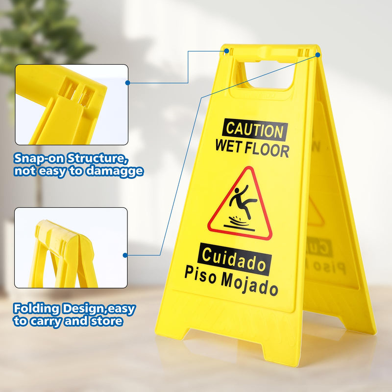 WOUSEDO 2-Pack Caution Wet Floor Sign,17.5" Height,Bright Yellow Double-Sided Folding A-Shaped Frame Design, Bilingual Caution Message 2PACK Yellow