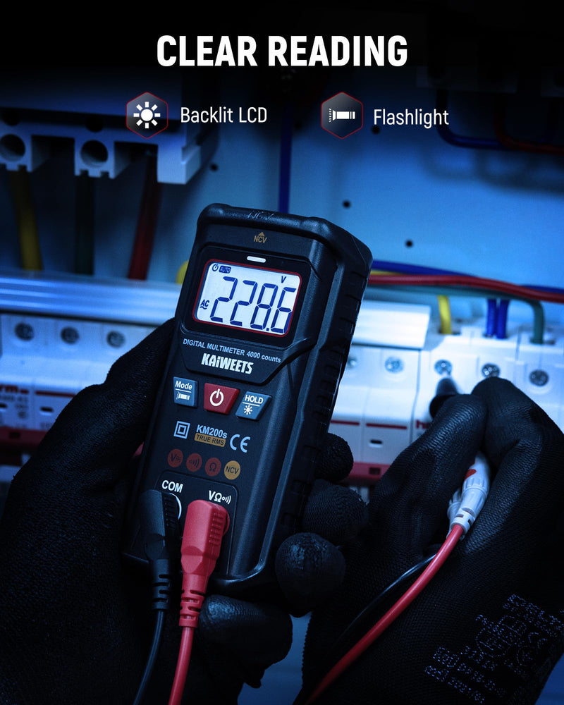 [Australia - AusPower] - KAIWEETS KM200s Smart Digital Multimeter True RMS, 4000 Counts, Auto Ranging Voltmeter, NCV Non-Contact Voltage Detector, Measure AC/DC Voltage, Resistance, Diode, Continuity 