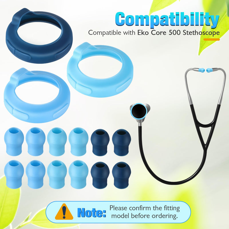 [Australia - AusPower] - Echo Stethoscope Accessories Compatible with EKO Core 500 Digital Stethoscope, 3 Pcs Silicone Protective Chestpiece Cover and 12 Pcs Ear Tips Replacement, Dustproof Protection Design 