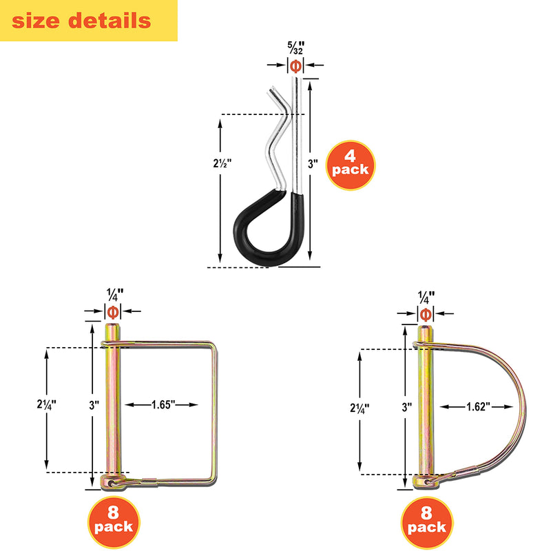 Wellmax 20 Pcs Trailer Pin in 1/4 Diameter Zinc-Plated Heavy Duty Safety Pins, Bonus 4 Pcs Heavy Duty Trailer Hitch Pin for Trailer Lock and Hitch Pin Lock for Farm Lawn Garden Wagons (Gold) Gold-20pc