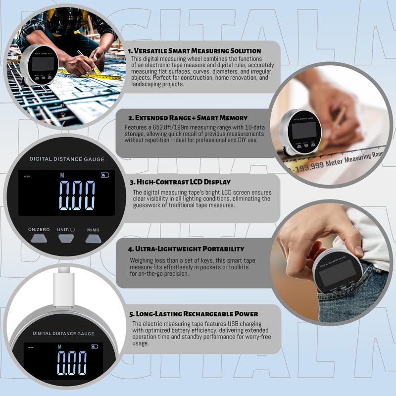 [Australia - AusPower] - Digital Measuring Wheel USB Rechargeable 652.8ft/199m High Precision Measurement with LCD Display Portable Smart Distance Measurer for Flat Curved Diameter Irregular Surfaces 