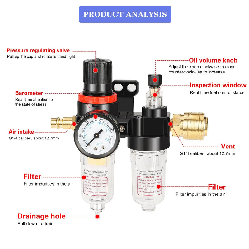 Compressed Air Pressure Regulator Water and Oil Separator Pressure Gauge 1/4 Inch | Integrated pressure gauge, water/oil separator, 1/4 inch connection, precise pressure control, robust and durable