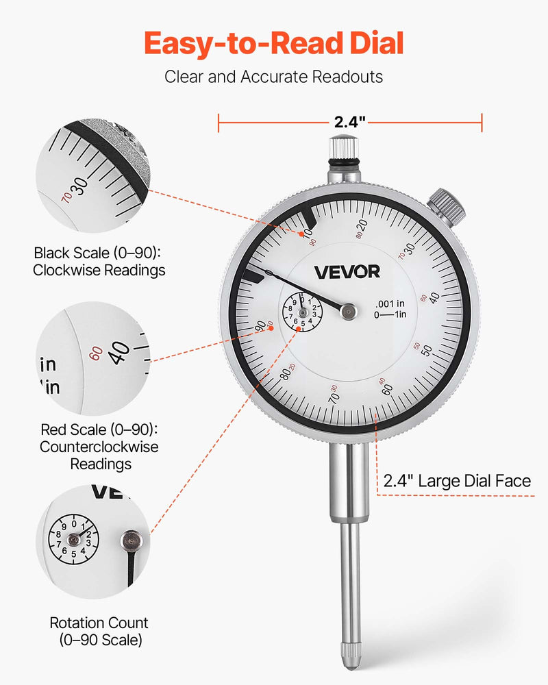 [Australia - AusPower] - VEVOR Dial Test Indicator, 0.001 inch Accuracy, 0-1 inch Measuring Range, Easy to Read Large Dial, Professional for Internal Diameter Measurement, Runout Detection, Flatness Inspection 