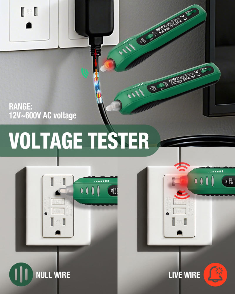 [Australia - AusPower] - ALLOSUN Christmas Light Tester Non Contact Voltage Tester with Fuse Tester & Bulb Remover, AC Voltage Detector 12V-600V, Stepless Sensitivity Control Christmas Light Bulb Tester, Green 