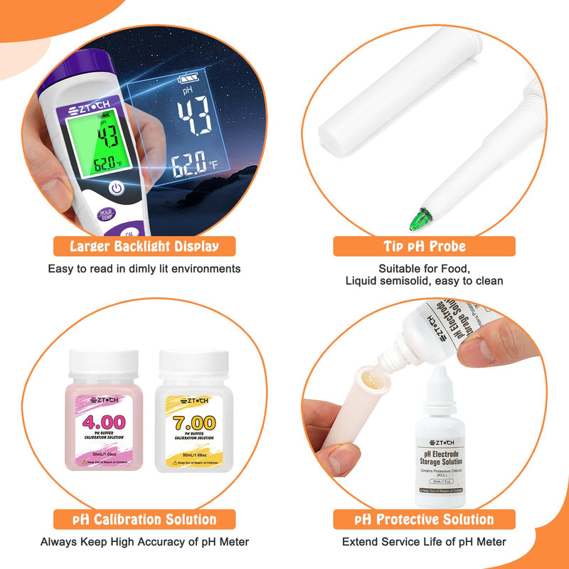 [Australia - AusPower] - Food pH Meter for Canning with pH 4.00 pH 7.00 Calibration Solution Each 8.4oz /250ml, pH Tester for Dough, Brewing, Fermentation 