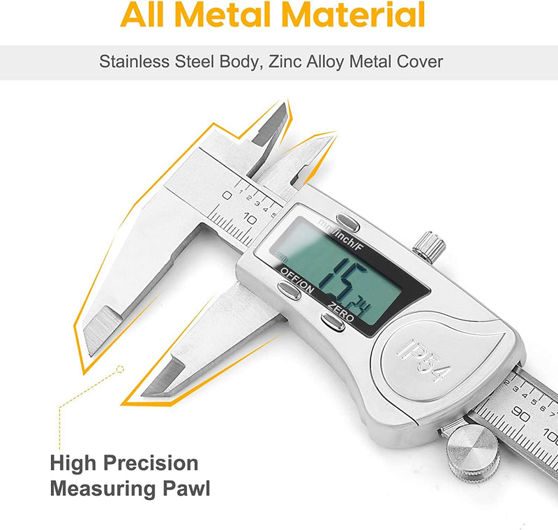 [Australia - AusPower] - Digital Caliper, 6 inch Caliper Extreme Accuracy Measuring Tool with Stainless Steel, IP54 Waterproof Protection Design, Inch Metric Fraction Switch for Daily and Professional Use 