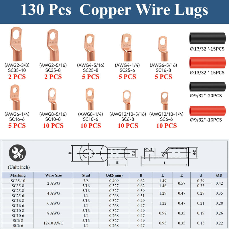 [Australia - AusPower] - PEASUG Copper Wire Lugs 130Pcs, AWG 2 4 6 8 10 12 Gauge Battery Cable Ends with 66Pcs Heat Shrink Tubing Set, 64Pcs Ring Terminals Connectors Assortment Kit for Marine, Automotive, Cables, Appliances 