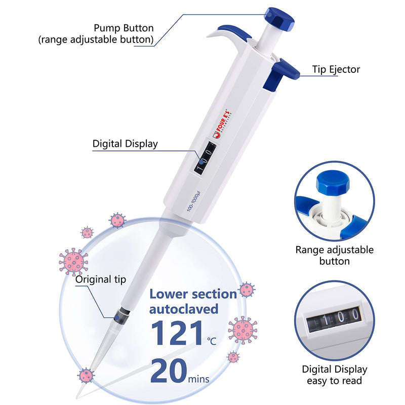 FOUR E'S SCIENTIFIC 100uL-1000uL High-Accurate Single-Channel Manual Adjustable Variable Volume Pipettes 07 (100-1000ul)