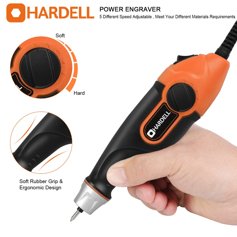 HARDELL 24W Engraving Pen, 5 Speed Engraving Tool with Letter/Number Stencil, Soft Handle Engraver Pen with Tungsten Carbide Steel Bits for Metal, Stone, Wood, Leather, Glass, PVC Pipe, DIY Crafts Orange
