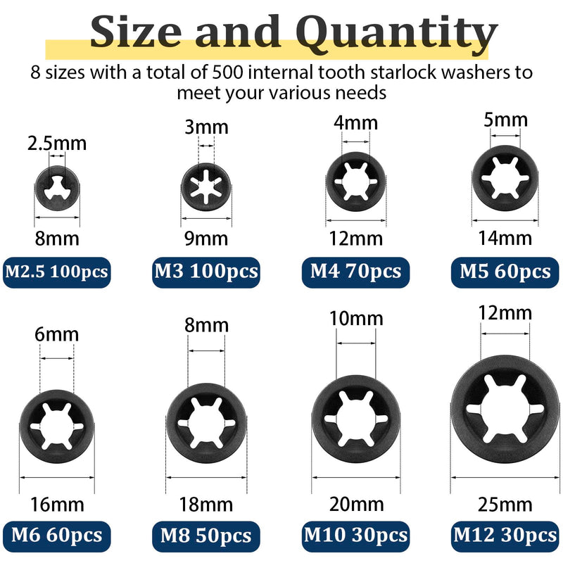 [Australia - AusPower] - 500PCS Internal Tooth Star Lock Washers?m2.5 m3 m4 m5 m6 m8 m10 m12 Quick Speed Locking Washers Assortment Kit?Steel Black Oxide Finish push on locking washer Internal Tooth Star Lock Washer;500 PCS 1 
