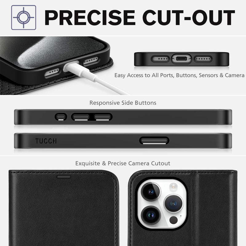 [Australia - AusPower] - TUCCH Case Wallet for iPhone 15 Pro Max, RFID Blocking 4 Card Holder Kickstand Shockproof TPU Inner Case, PU Leather Magnetic Flip Folio Cover, Black 