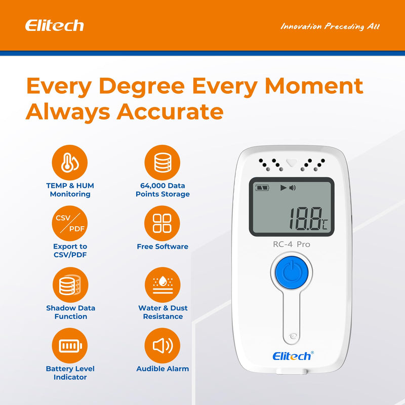 Elitech Temperature Humidity Data Logger, Reusable Recorder with Built-in Buzzer, -40~85°C, 64000 Points, Auto PDF/CSV Reports, Win/Mac Software, Calibration Certificate for Audit Compliance RC-4HPro RC-4HC Temp-Humi Probe RC-4 64000Points 1